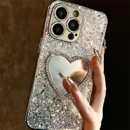 Glitzer Handyhülle in Silber für Iphone 17 mit Spiegel in Herzform